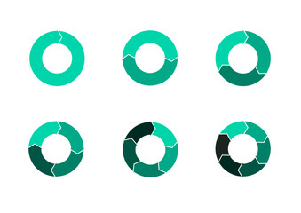 Set of circular chart diagrams. Circles arrow cut separated on1,2,3, 4,5, 6, with empty middle,simple flat design vector illustration.
