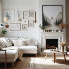 White corner sofa near fireplace. Scandinavian home interior design of modern living room.