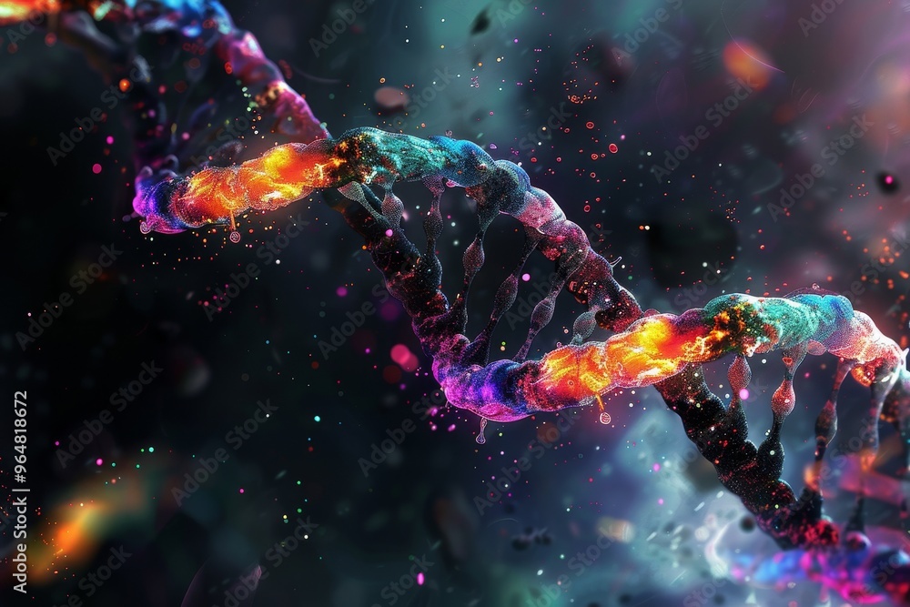 Poster the visual depicts a dynamic double helix dna structure set against a mystical cosmic background, sh