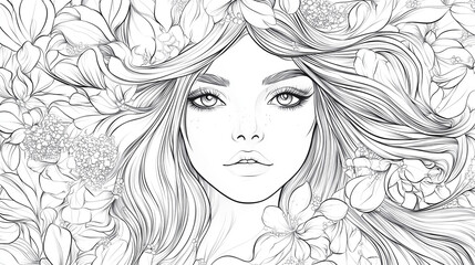 Beautiful girl in flowers coloring page. Young woman, female character face in blooming floral carpet. Decorative drawing for coloring book, graphic illustration
