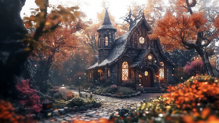 Whimsical autumn cottage surrounded by vibrant foliage, perfect for Halloween or Thanksgiving themed design. Design for Wall Art, Poster Print, Wallpaper & Background
