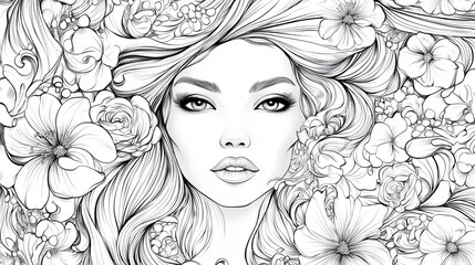 Beautiful girl in flowers coloring page. Young woman, female character face in blooming floral carpet. Decorative drawing for coloring book, graphic illustration