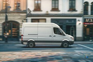 A white van is driving down a street at night. The van is moving quickly and he is in motion