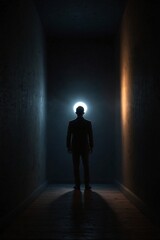 Man in a Formal Suit Standing in a Dark Confined Space, Symbolizing Dreams of Freedom, Departing from a Room Filled with Criminal Atmosphere