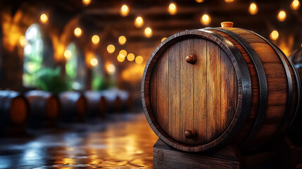 A rustic wooden barrel in a warmly lit distillery, perfect for events like wine tastings or harvest festivals. Design for Wall Art, Poster Print, Wallpaper & Background