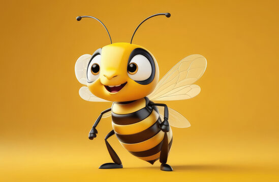 cute smiling 3d animated bee with black stripes standing on yellow background in joyful mood