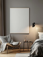 3D Retro Poster Mock-up on Grunge Wood Wall in Modern Living Room