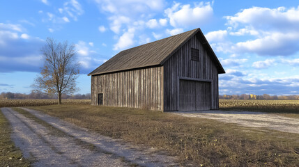 Obraz premium Serene autumn landscape featuring a rustic barn, ideal for fall-themed designs and agricultural events.