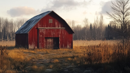 Fototapeta premium A tranquil sunset over a rustic red barn surrounded by golden fields, perfect for autumn-themed designs.