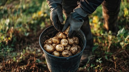 Farmer hands harvesting potatoes in a bucket. AI generated image