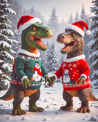 Jurassic Dinos living Today &ndash; two dinosaur in ugly Christmas sweater and santa hat