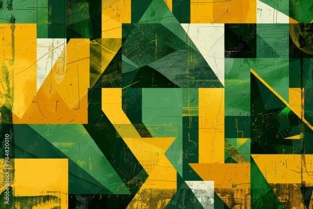 Poster dynamic composition of yellow and green shapes creates a lively abstract artwork, showcasing a blend