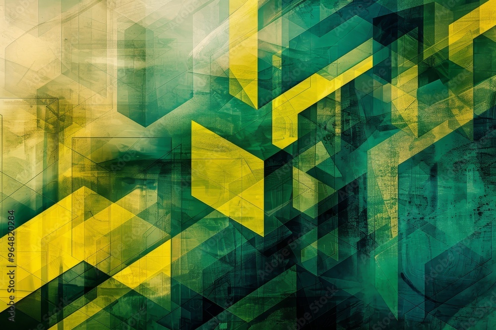 Poster this artwork displays an energetic arrangement of geometric shapes in various shades of green and ye