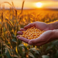Farmer holding yellow grains in the golden light of sunset. AI generated image. Harvesting Background