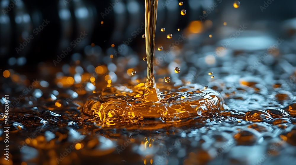 Poster golden liquid pouring into a pool of liquid, creating a splash and droplets.