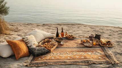 A bohemian picnic setup on the beach with a rug, pillows, food, and drinks.