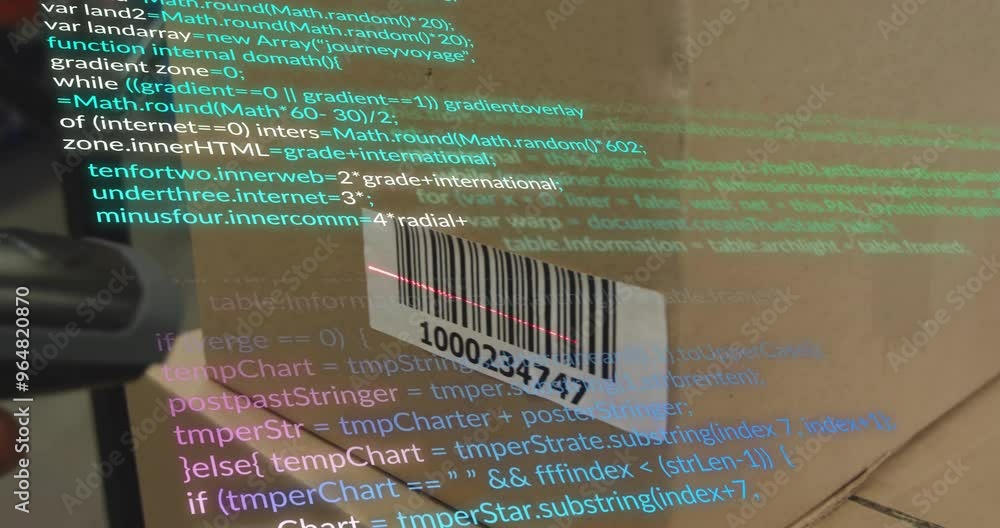 Poster animation of data processing over cardboard boxes in warehouse