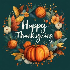 Happy thanksgiving card with modern brush calligraphy and decorative wreath. Vector illustration