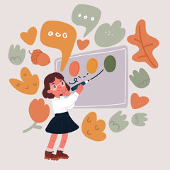 Cartoon Vector Illustration of Schoolgirl Solving a Math Example at the Chalkboard in Front of the Class