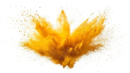 Fototapeta premium Yellow powder explosion against white background, dynamic burst. Color splash and motion concept