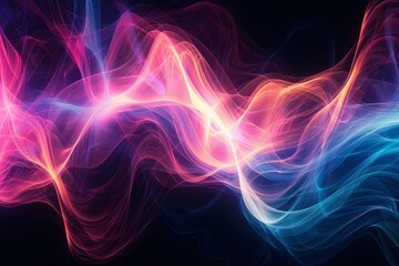 A vibrant display of swirling hues in pink, blue, and orange creates a captivating wave-like pattern against a dark backdrop, evoking a sense of motion and fluidity.