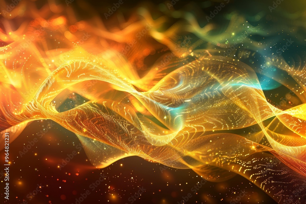Poster an abstract design features swirling waves of golden and blue light, creating a mesmerizing effect f