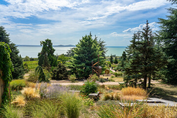 beautiful garden over Lake Balaton with pine trees with stunning view