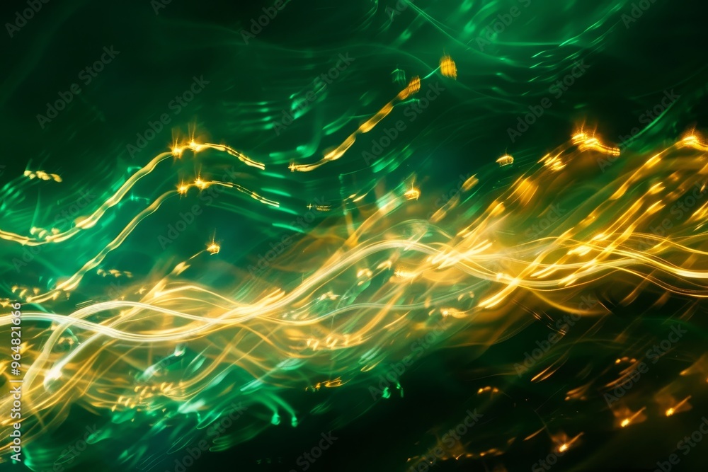 Poster swirling colors of green and yellow intertwine, creating an abstract representation of light trails 