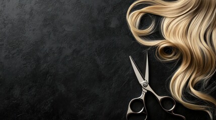 Blonde Hair and Scissors on Black Background