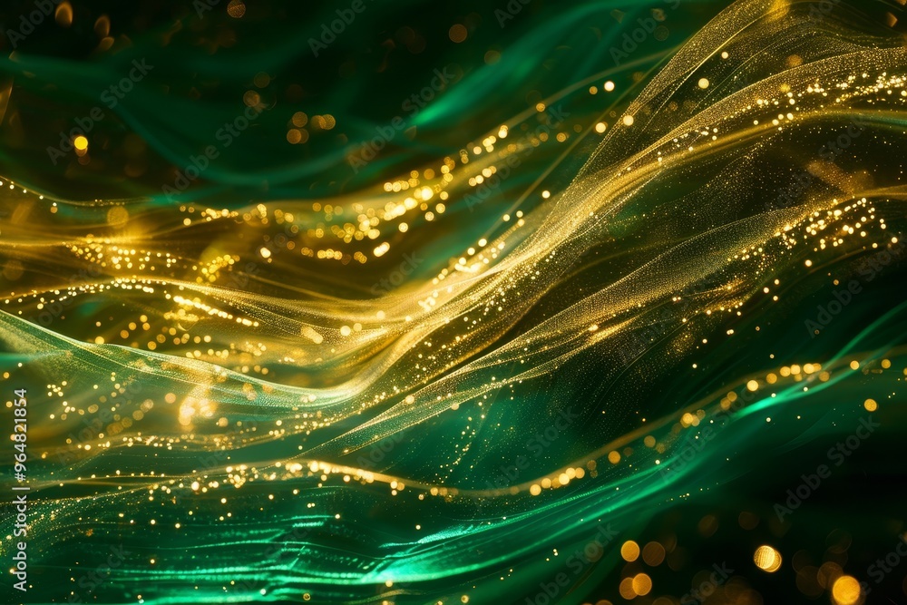 Aufkleber waves of green and gold fabric weave gracefully, while sparkling particles add a magical touch to th
