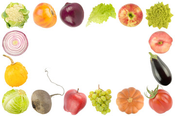 Fresh and healthy vegetables and fruits in the form of frame isolated on white