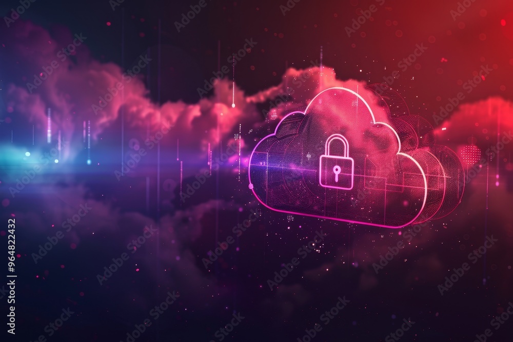 Aufkleber a cloud representing digital storage is adorned with a lock symbol, illuminated by vibrant colors am