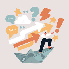 Cartoon Vector Illustration of a Female Boss as Captain on a Paper Boat Made of Money, Business Concept