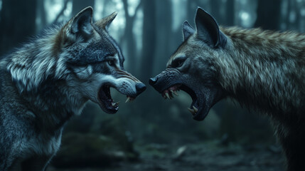 Intense Standoff Between Wolf and Hyena in Dark Forest