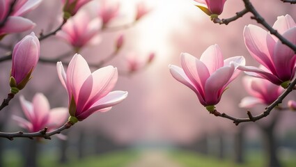 Fototapeta premium Elegant magnolia branches with pink blossoms against a city park background featuring a soft bokeh effect in the center Sharp focus and high resolution