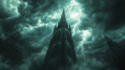 Gothic Cathedral Tower Amidst Lightning Storm and Dark Skies