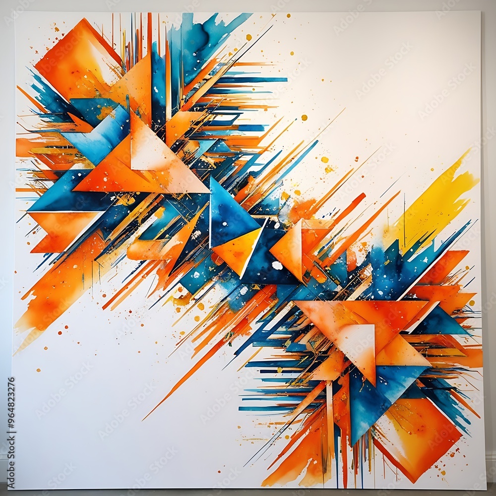 Poster modern watercolor wall decor with geometric patterns in bright, contrasting colors. triangles and bo