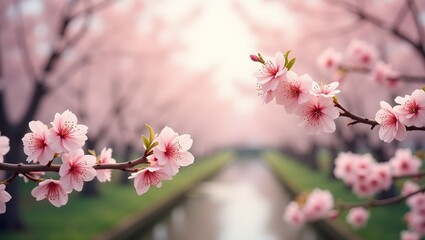 Obraz premium Highres image featuring cherry blossom branches with soft light and bokeh in a Japanese garden setting Sharp focus highlights delicate beauty