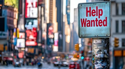 A vibrant stock photo of a "Help Wanted" sign posted on a street pole with a bustling cityscape in the background.