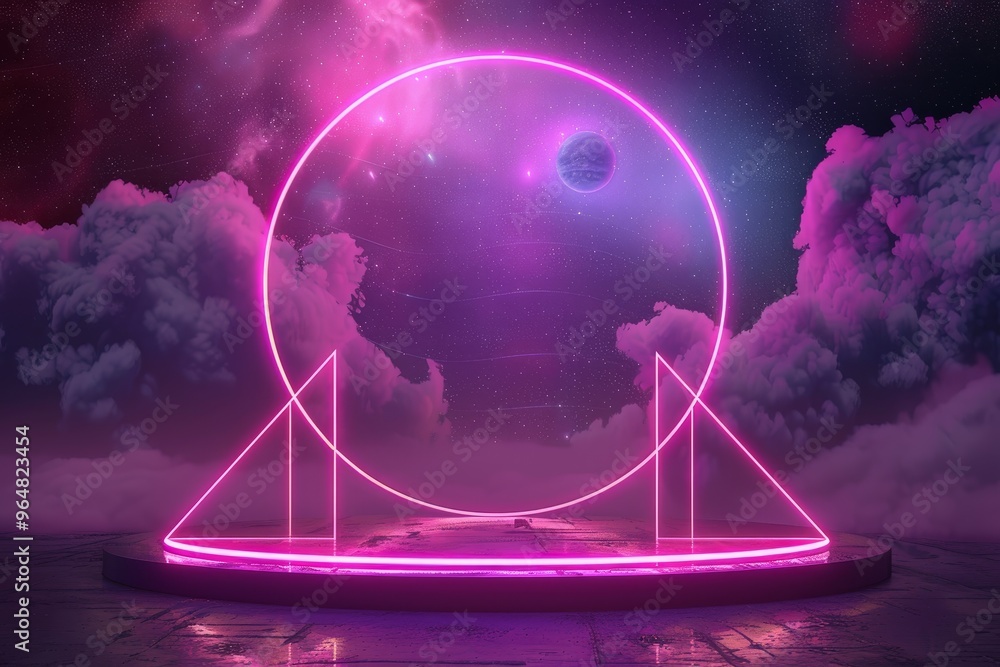 Aufkleber bright neon shapes illuminate a dreamlike setting with swirling clouds and distant planets, creating