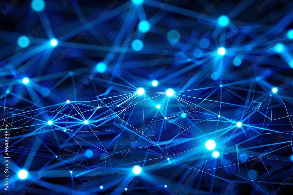 Poster an abstract representation featuring a blue network of glowing nodes and interconnected lines, depic