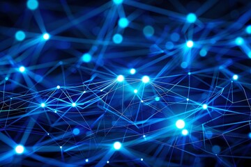 Obraz premium An abstract representation featuring a blue network of glowing nodes and interconnected lines, depicting the flow of data and advancements in technology at night.