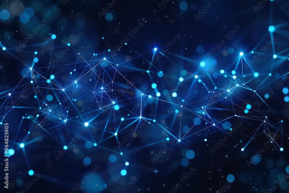 Poster glowing blue dots and interconnected lines create an abstract network against a dark backdrop, showc