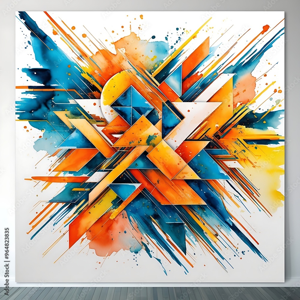 Poster modern watercolor wall decor with geometric patterns in bright, contrasting colors. triangles and bo