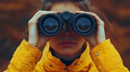 Fototapeta premium Close up portrait of a young woman looking through binoculars.