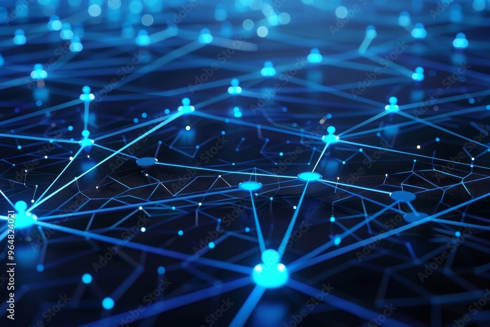 Poster a vibrant digital network showcasing interconnected nodes illuminated in blue, symbolizing data flow