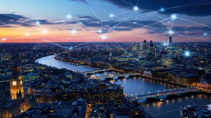 London Skyline at Sunset with Connected Network