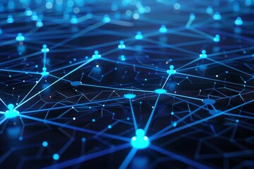 A vibrant digital network showcasing interconnected nodes illuminated in blue, symbolizing data flow and connectivity in a modern technological landscape.