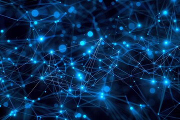 A vibrant web of blue nodes and connecting lines reflects a digital technology theme, showcasing depth and connectivity in an abstract design.