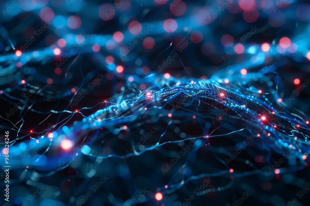 Poster illuminated strands of interconnected digital elements flow across a dark background, displaying vib